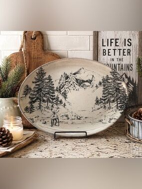 Pottery Barn Rustic Forest Winter Deer Scene Serving Platter NEW